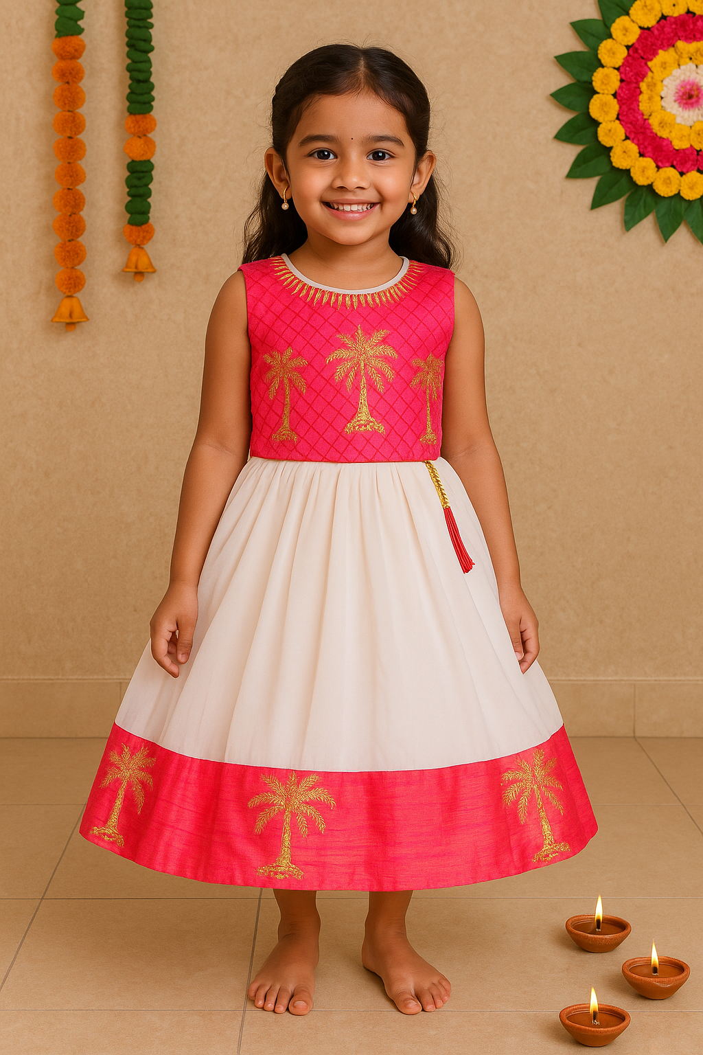 Baby Girls Silk Embroidered Ethnic Frock Dress - Onam Special