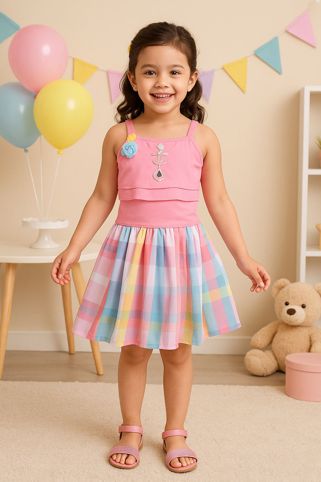 Girls Sage Green Layered Top & Striped Skirt Set
