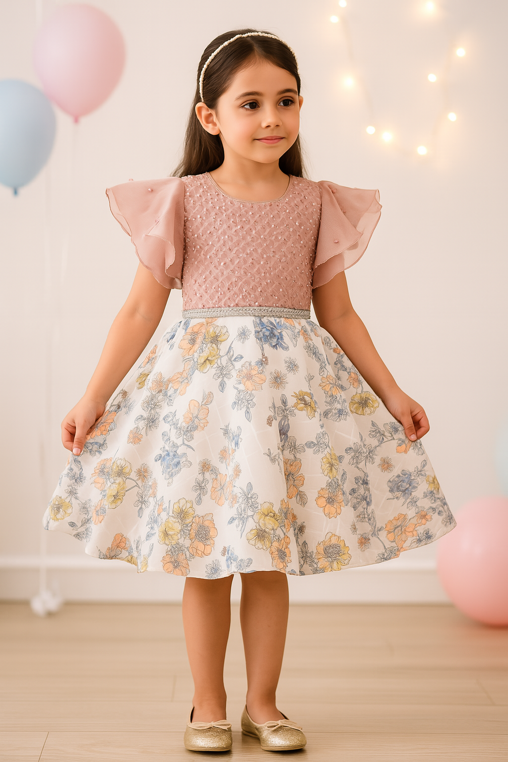 Girls Floral Embellished Flared Sleeves Party Dress