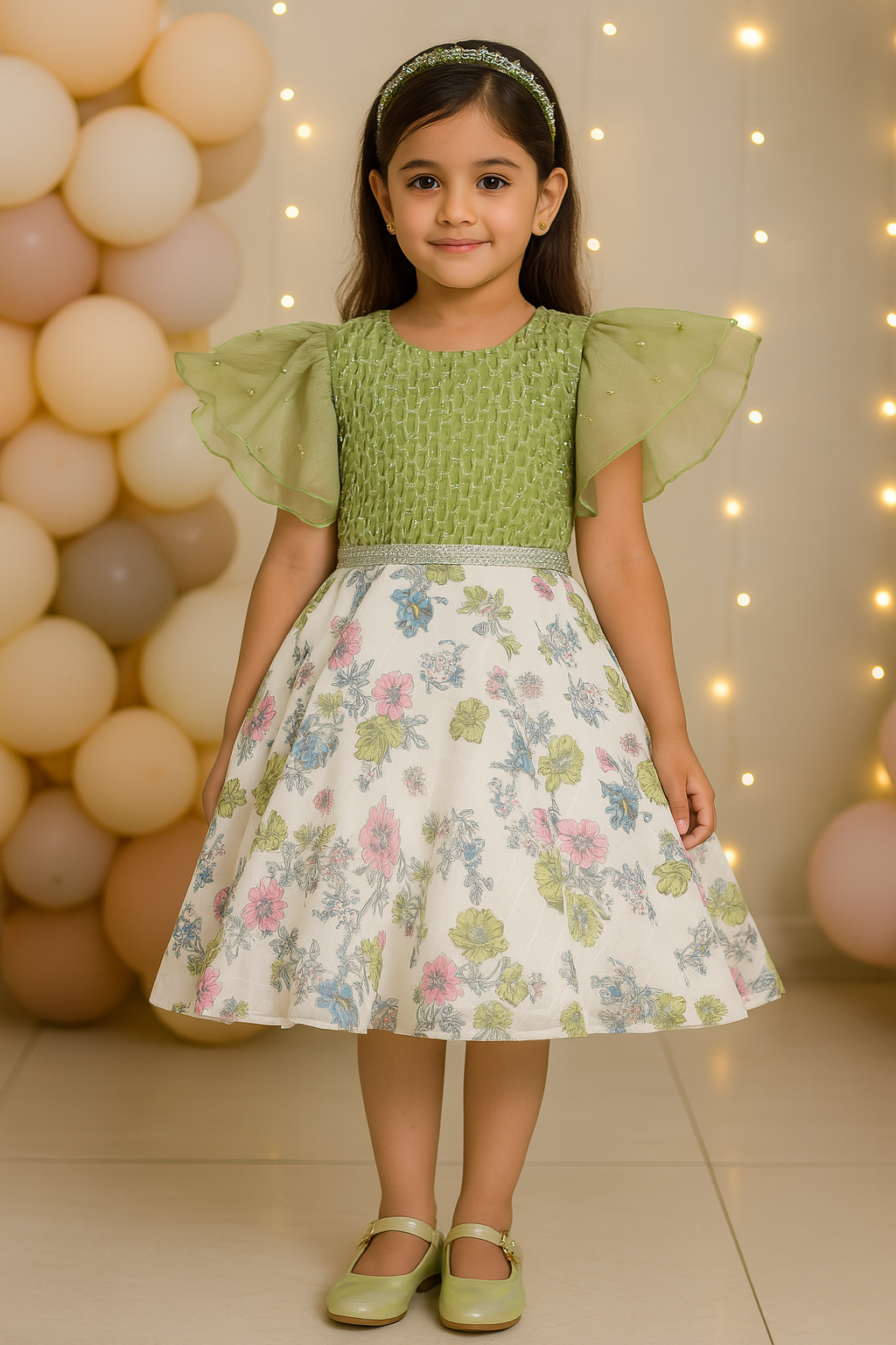 Girls Floral Embellished Flared Sleeves Party Dress