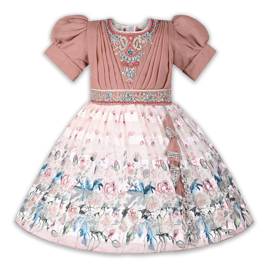 Girls Ethnic Party Wear Dress with Embroidered Bodice & Floral Chiffon Skirt