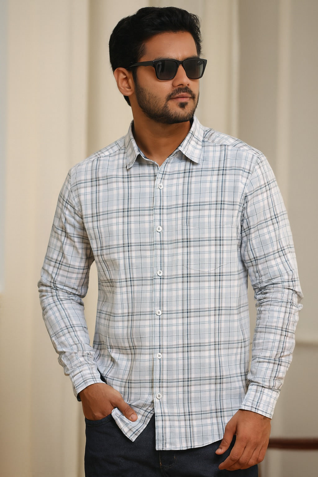 Men’s Cotton Blend Checkered Shirt with Long Sleeves