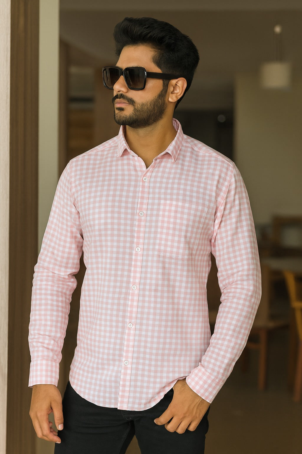 Men’s Cotton Blend Checkered Shirt with Long Sleeves