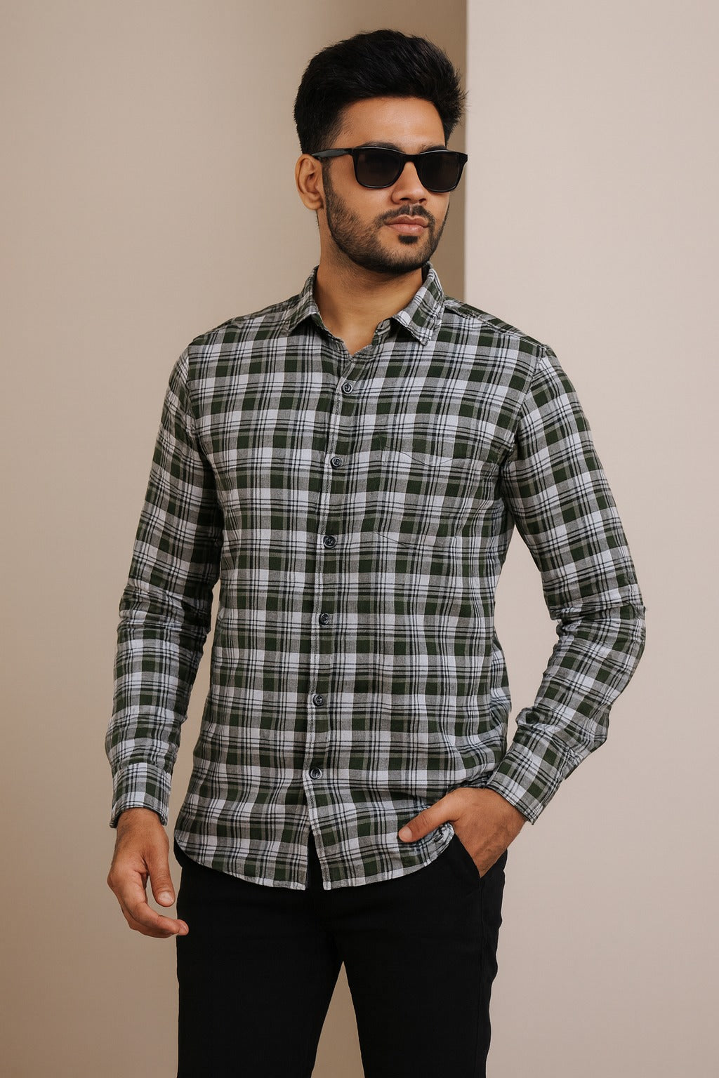 Men’s Cotton Blend Checkered Shirt with Long Sleeves