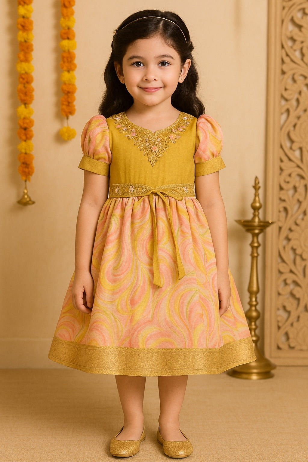 Girls Floral Bead Embellished Puff Sleeve Ethnic Dress