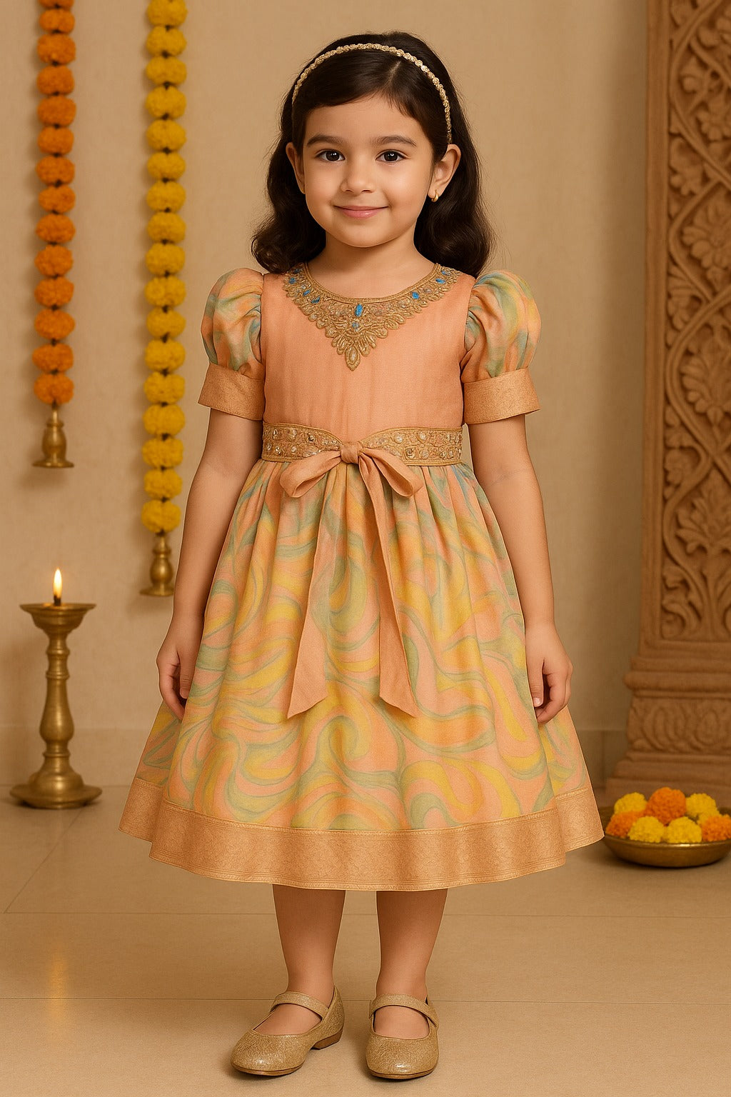 Girls Floral Bead Embellished Puff Sleeve Ethnic Dress
