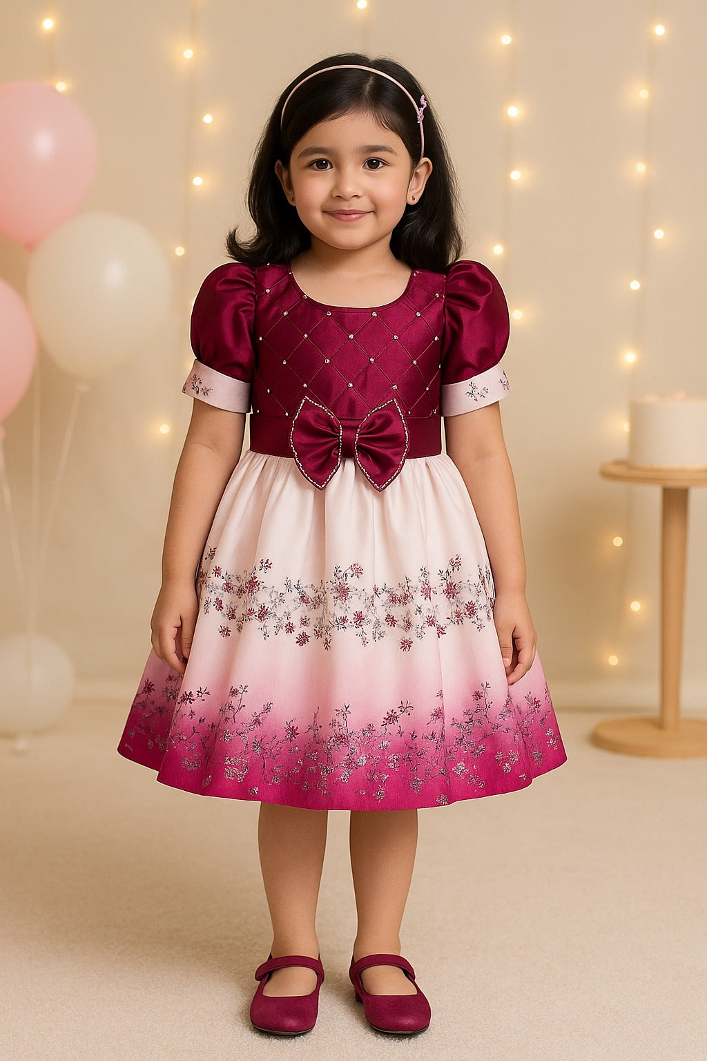 Girls Embellished Floral Print Pleated Party Dress