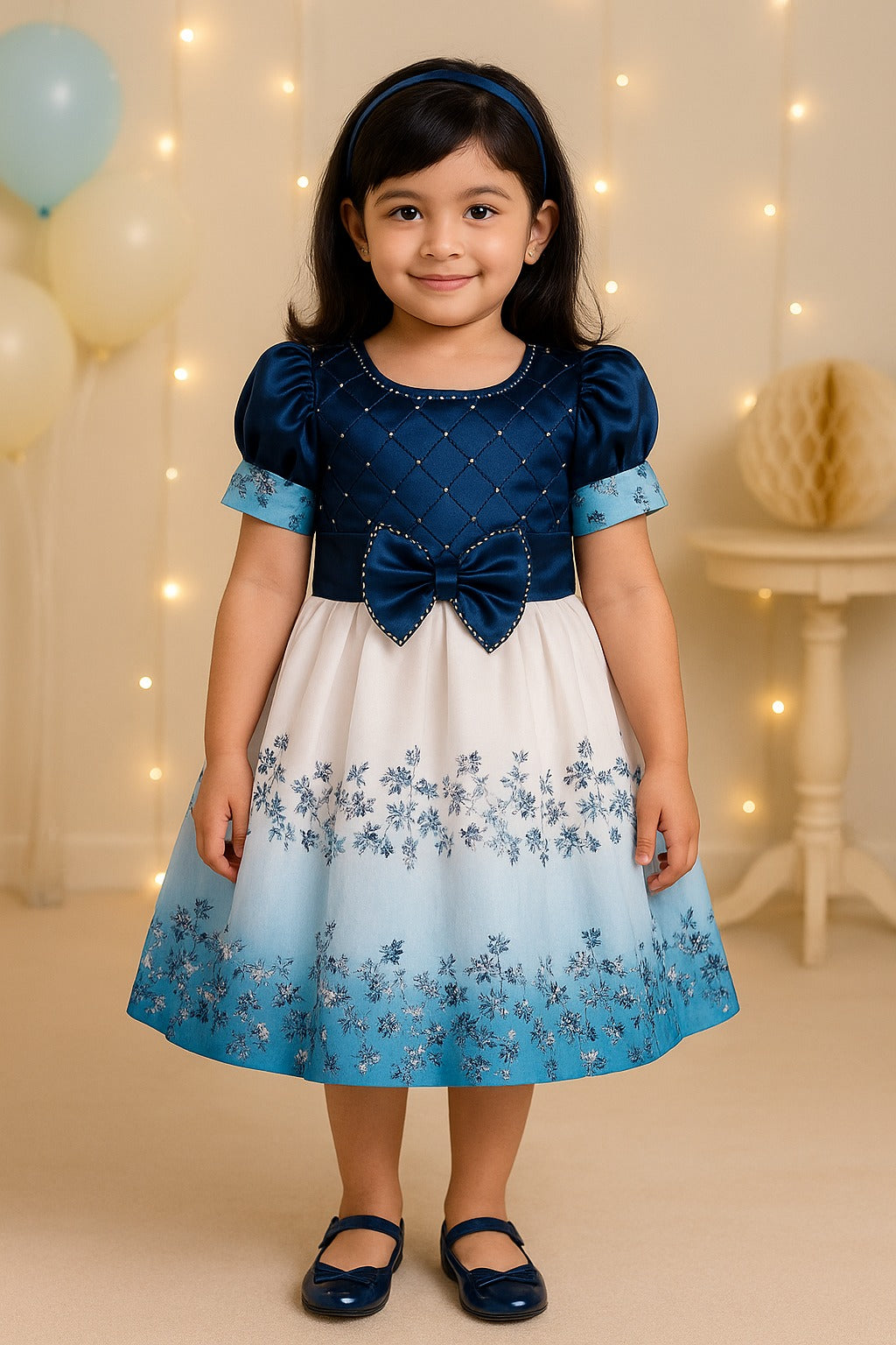 Girls Embellished Floral Print Pleated Party Dress