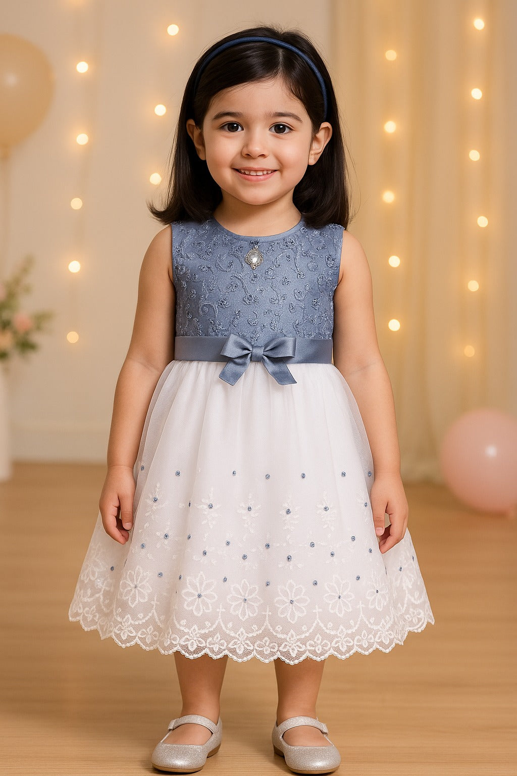 Girls Floral Embroidered and Pearl Embellished Party Dress