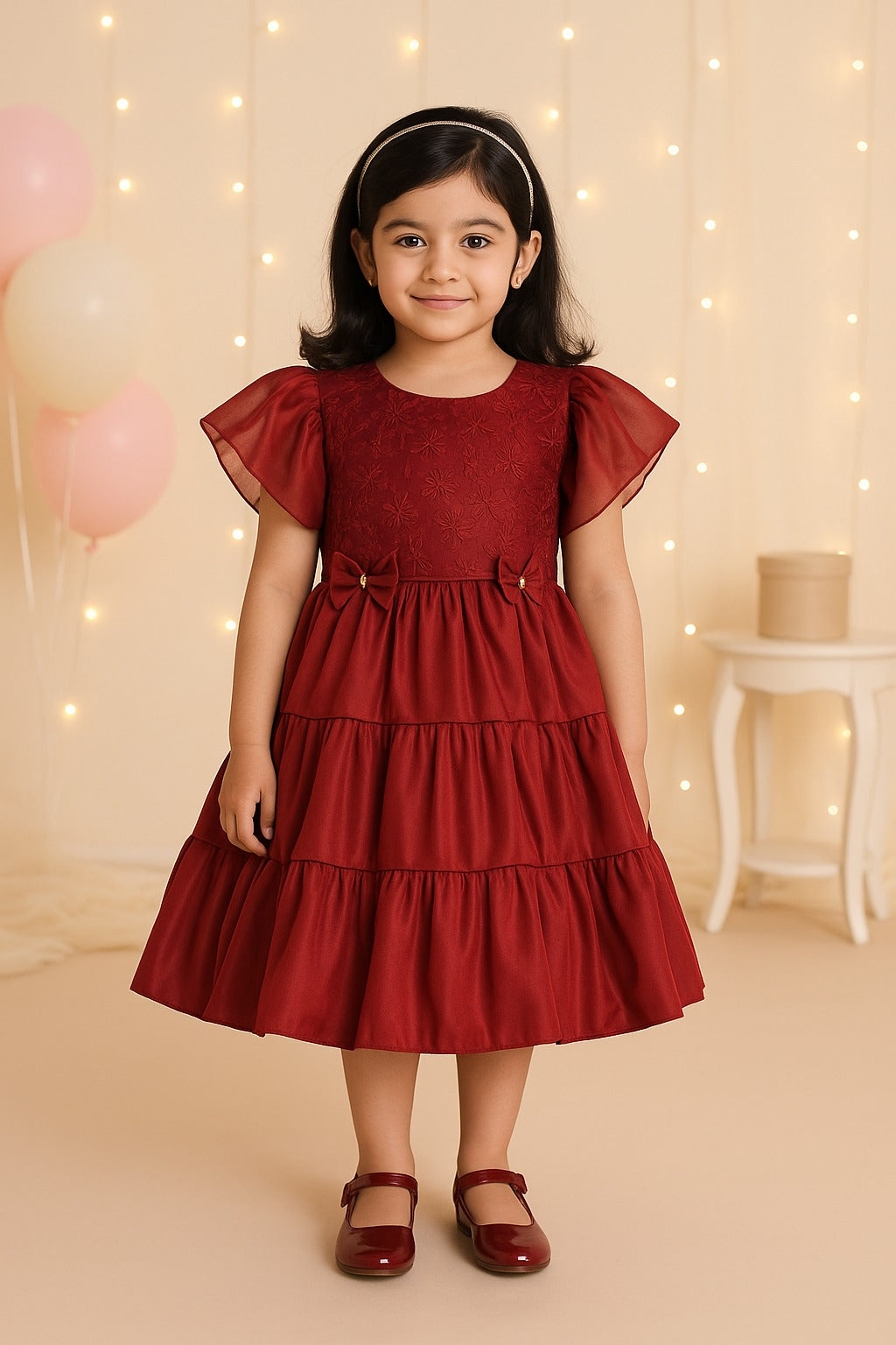 Girls Bow Floral Embroidered Tiered Party Dress