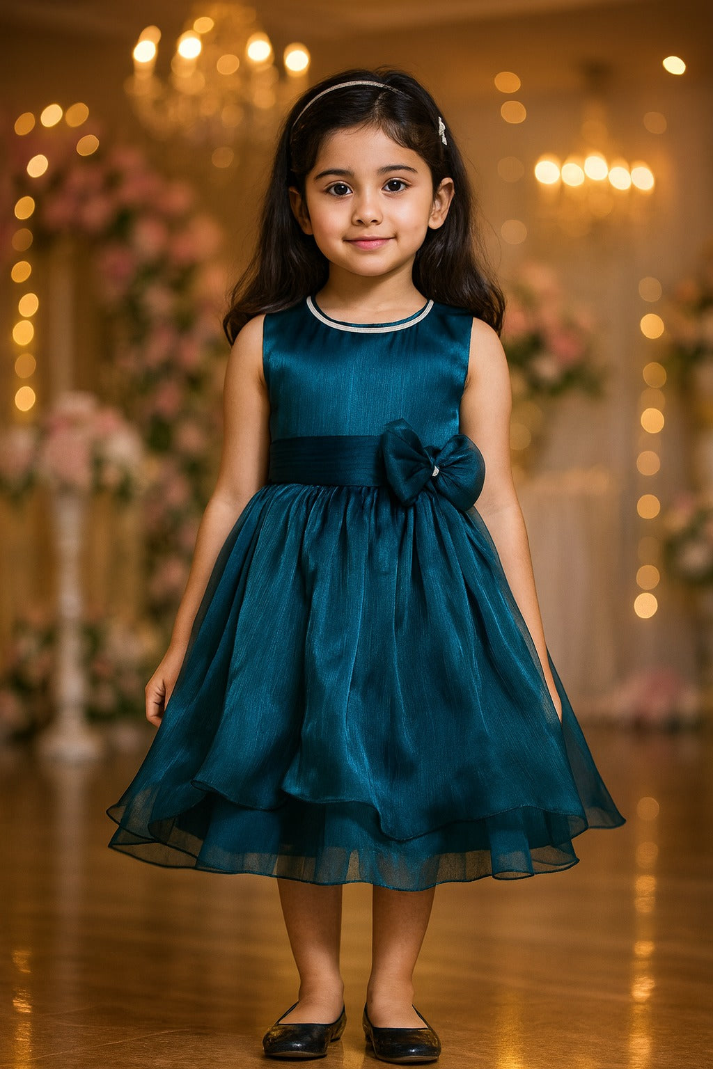 Girls Layered Party Dress with Bow & Rhinestone Neck