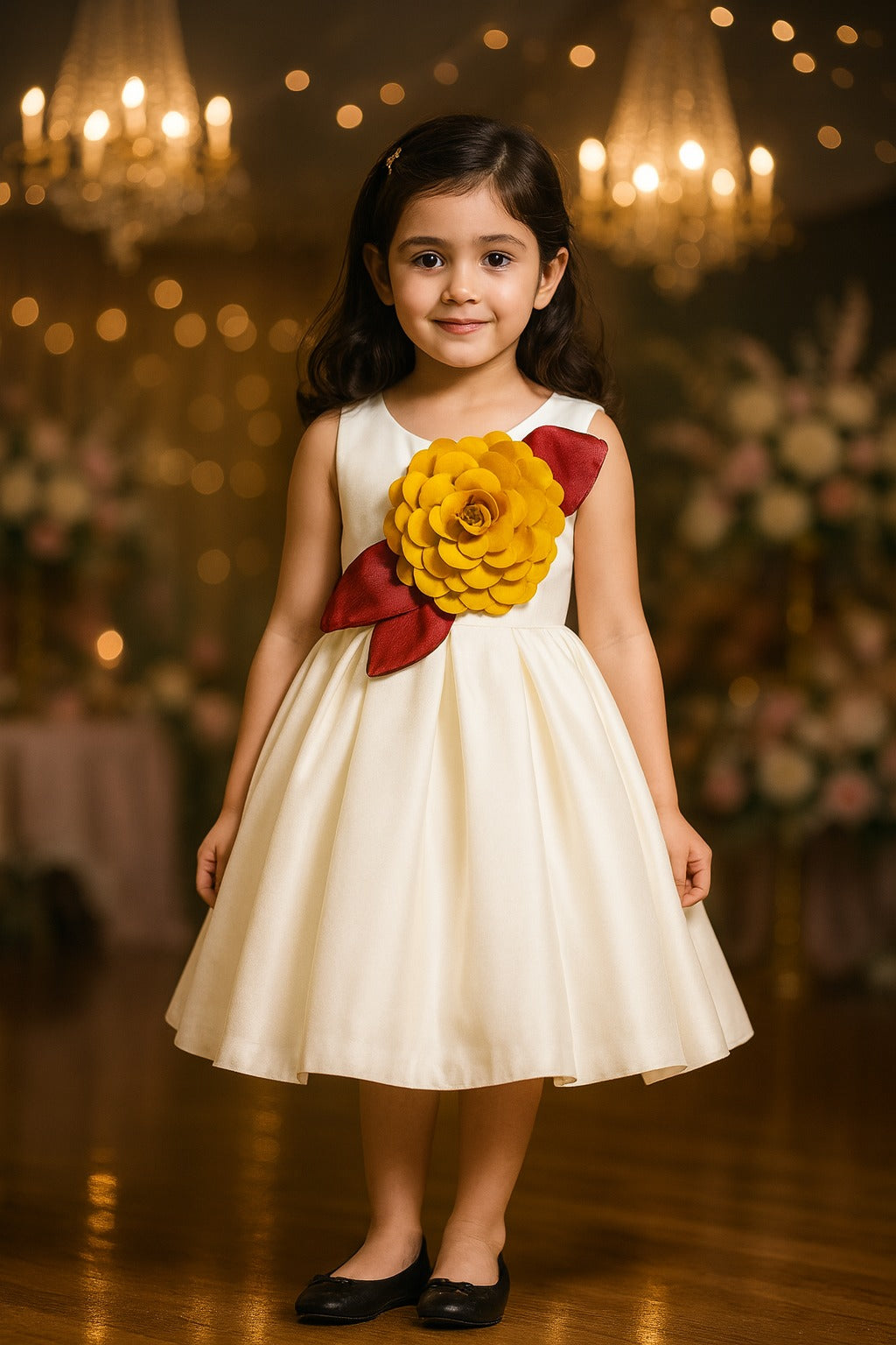 Girls Elegant Floral Applique Pleated Party Dress