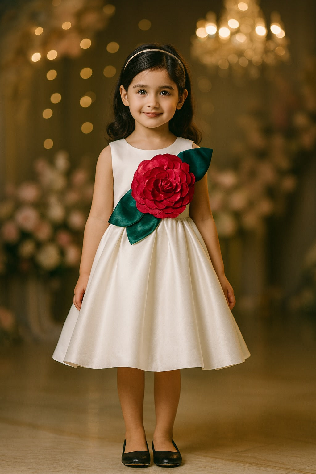 Girls Elegant Floral Applique Pleated Party Dress