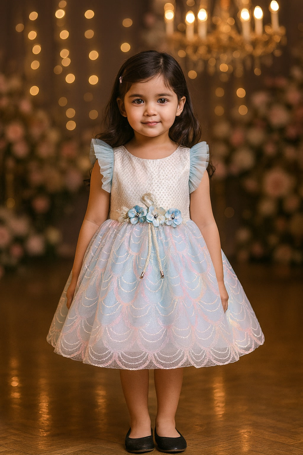 Girls Floral Embellished Ruffle Flared Party Dress