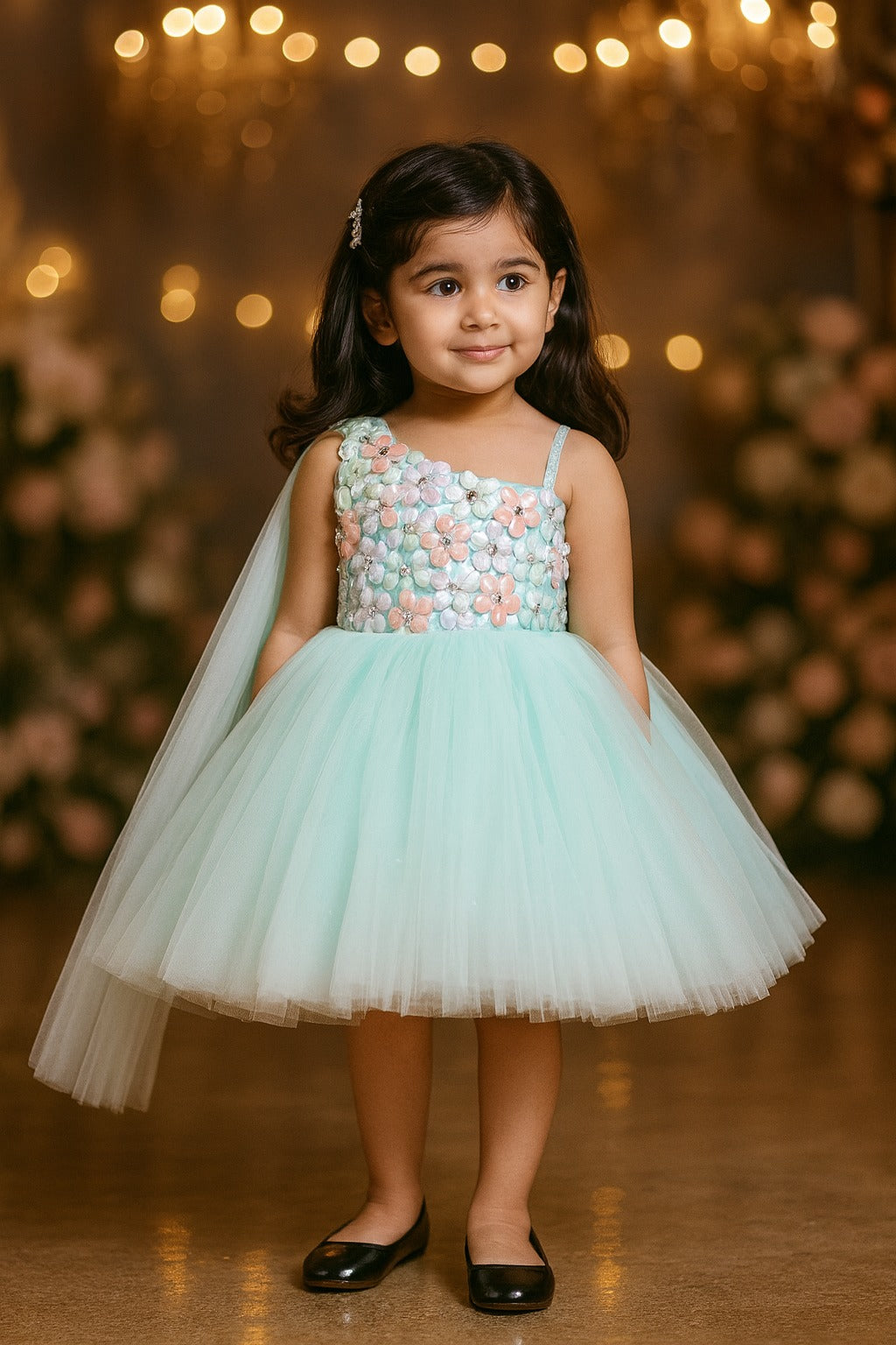 Girls Solid Net Fabric A-Line Frock Dress
