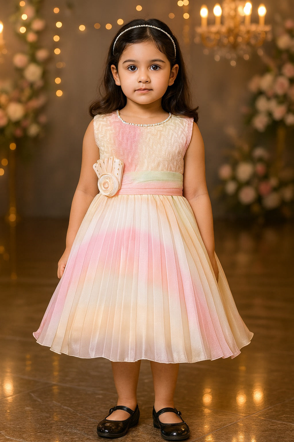 Girls Pearl Embellished Pleated Party Dress