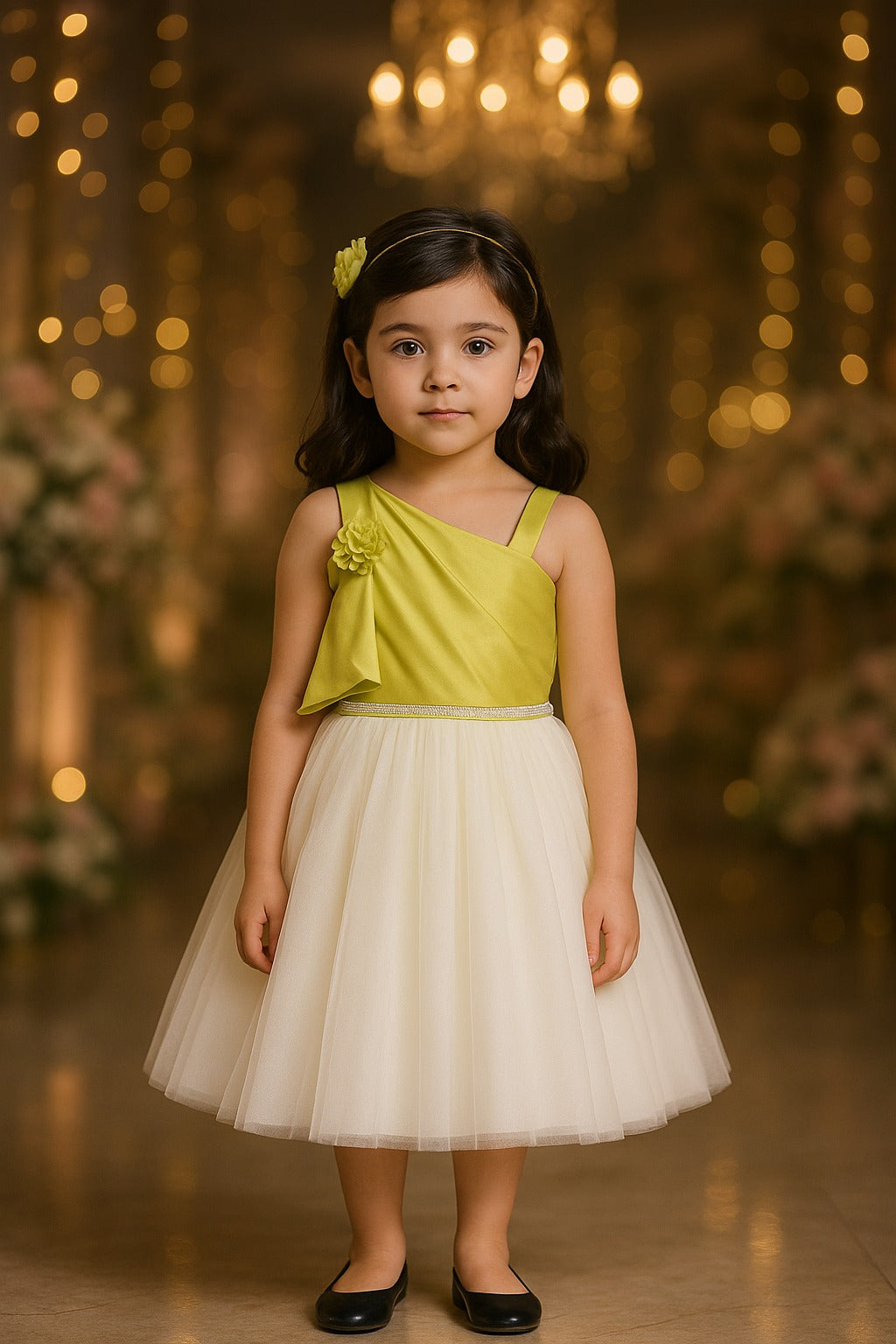 Girls One Shoulder Floral Applique Flared Net Party Dress