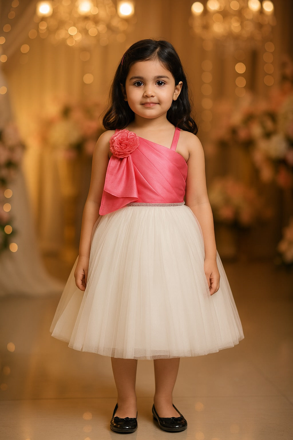 Girls One Shoulder Floral Applique Flared Net Party Dress