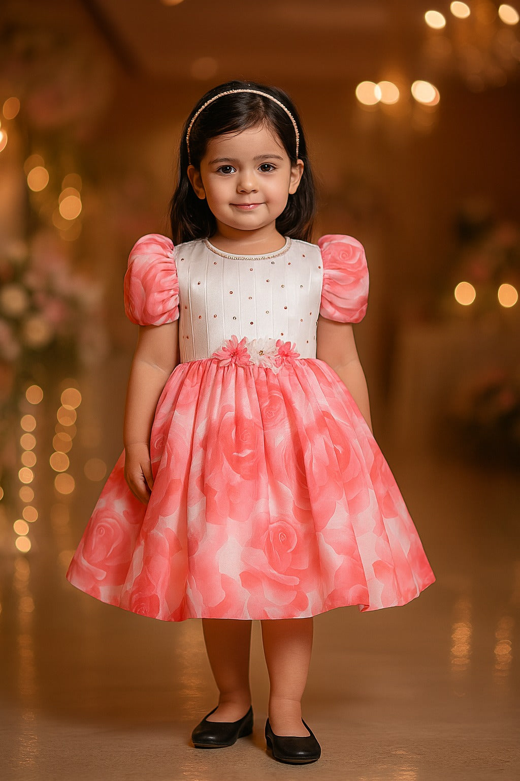 Girls Floral Print Embellished with Balloon Sleeves Party Dress