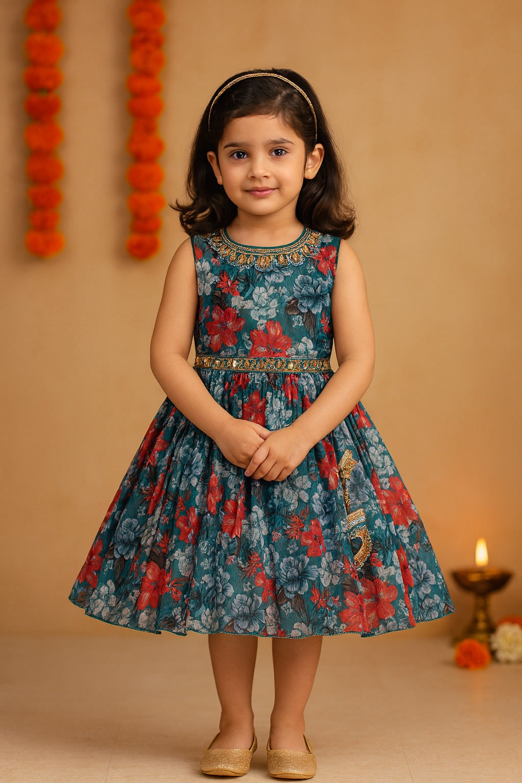 Girls Floral Chiffon Summer Dress with Mirror Work Festive Wear