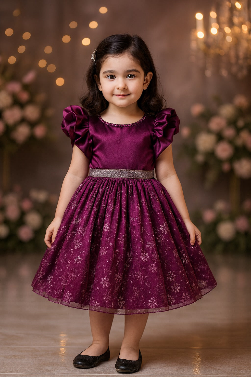 Girls Floral Shimmery Ruffle Sleeve Dress