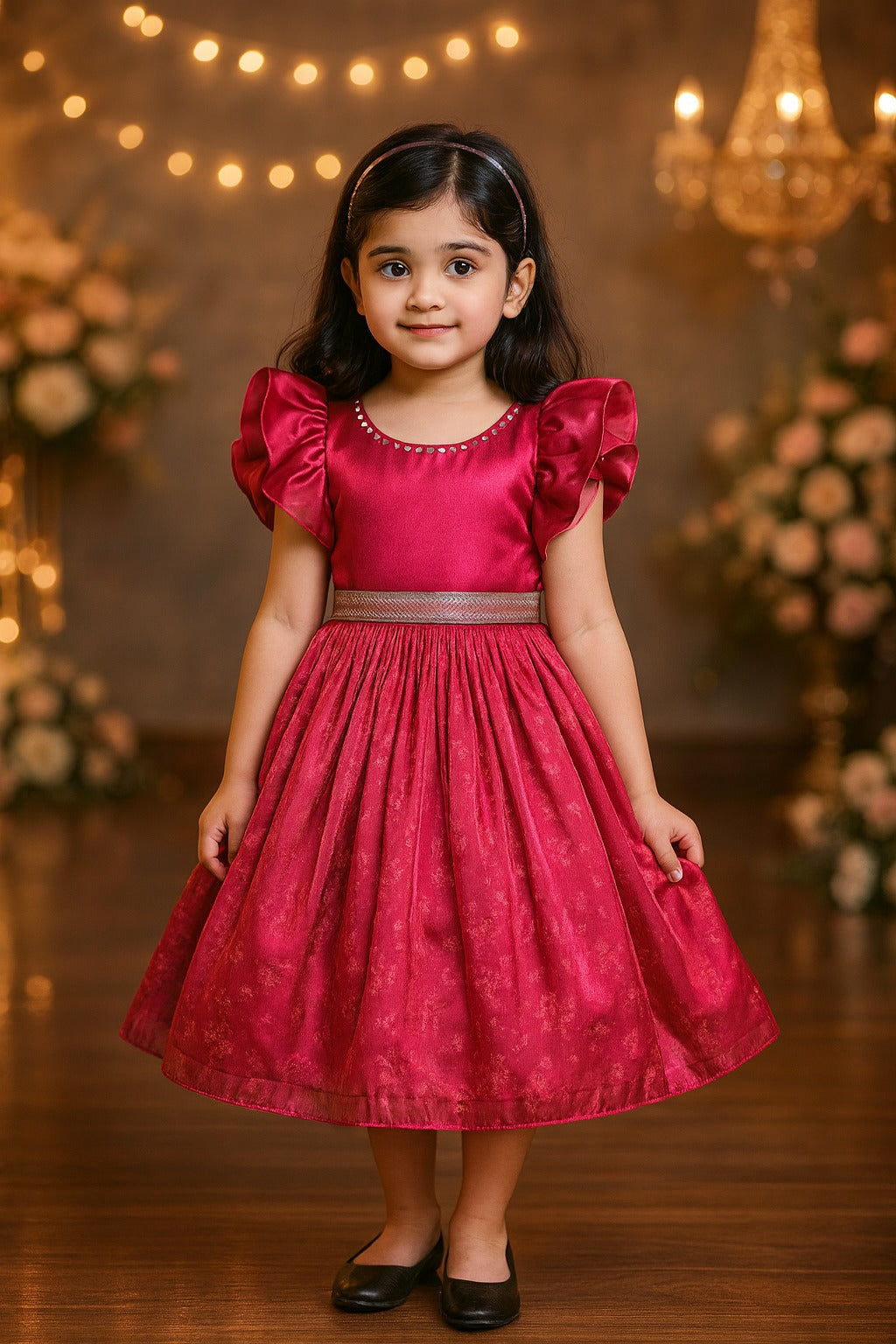Girls Floral Shimmery Ruffle Sleeve Dress