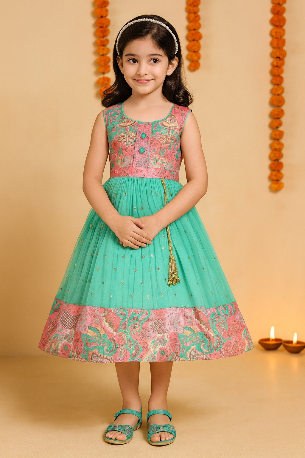 Girls Floral Design Sequin Flared Dress