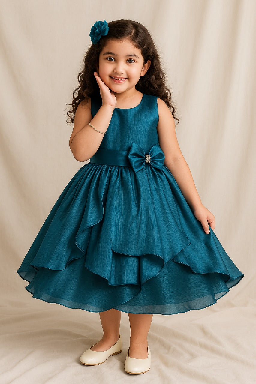 Girls Solid Pleated Satin Fit and Flare Frock Dress