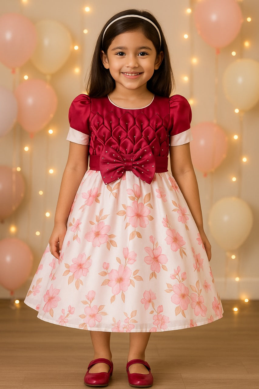 Girls Designer Floral Print Embellished Party Dress