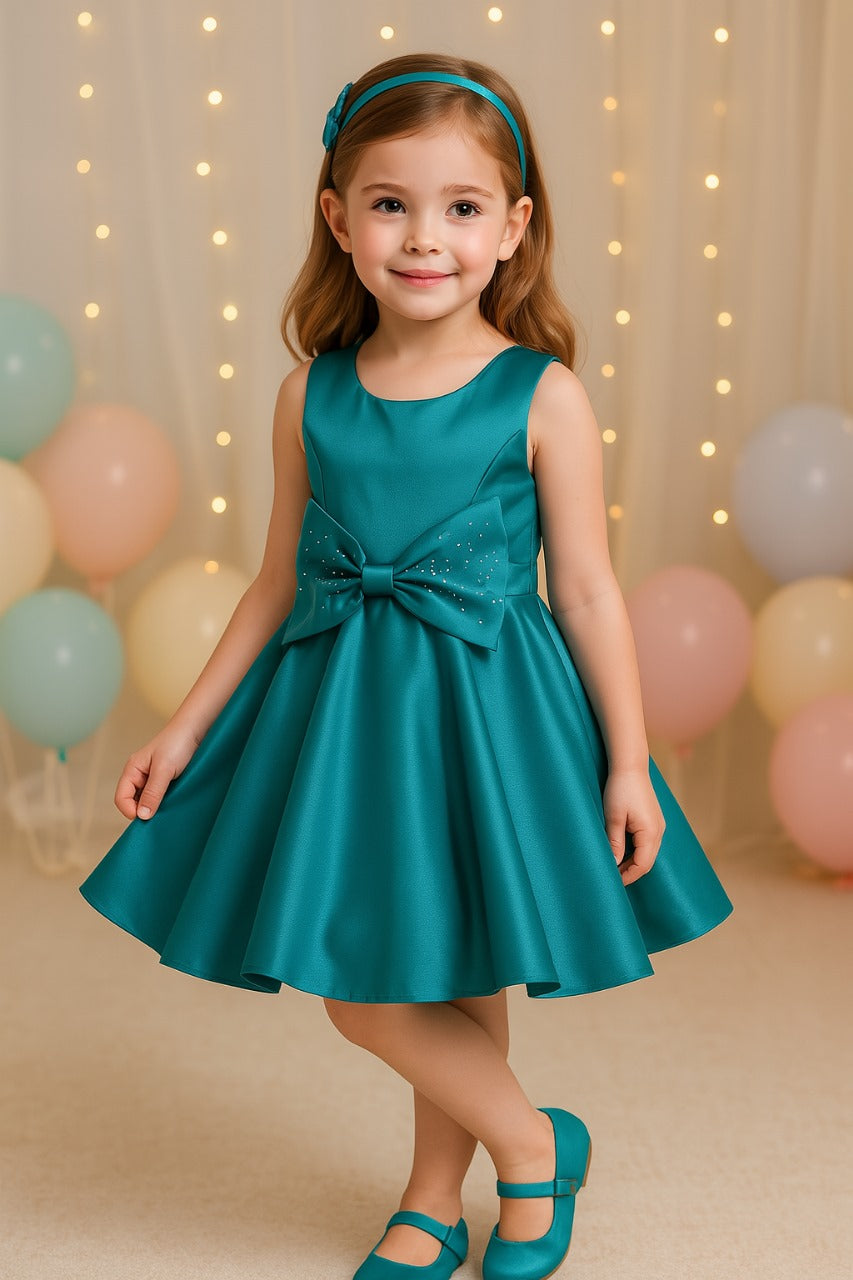 Peacock Green Girls A-Line Sleeveless Satin Dress | Wish karo Wish Karo Peacock Green Girls A-Line Sleeveless Satin Dress | Wish karo Wish Karo