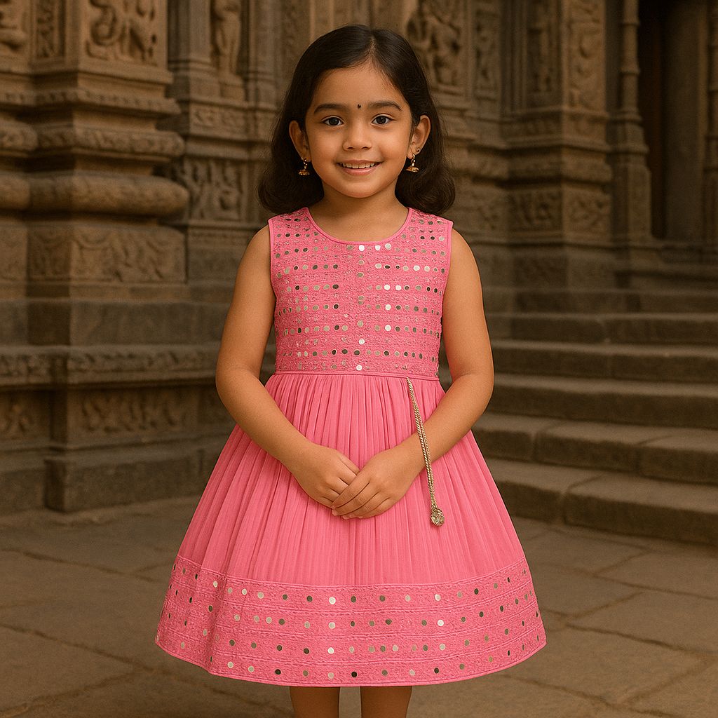 Girls Mirror Work Flared Ethnic Dress
