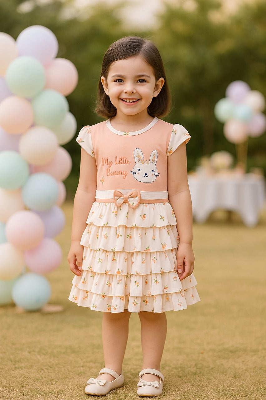 Girls Bunny Embroidered Bow Layered Cotton Casual Dress