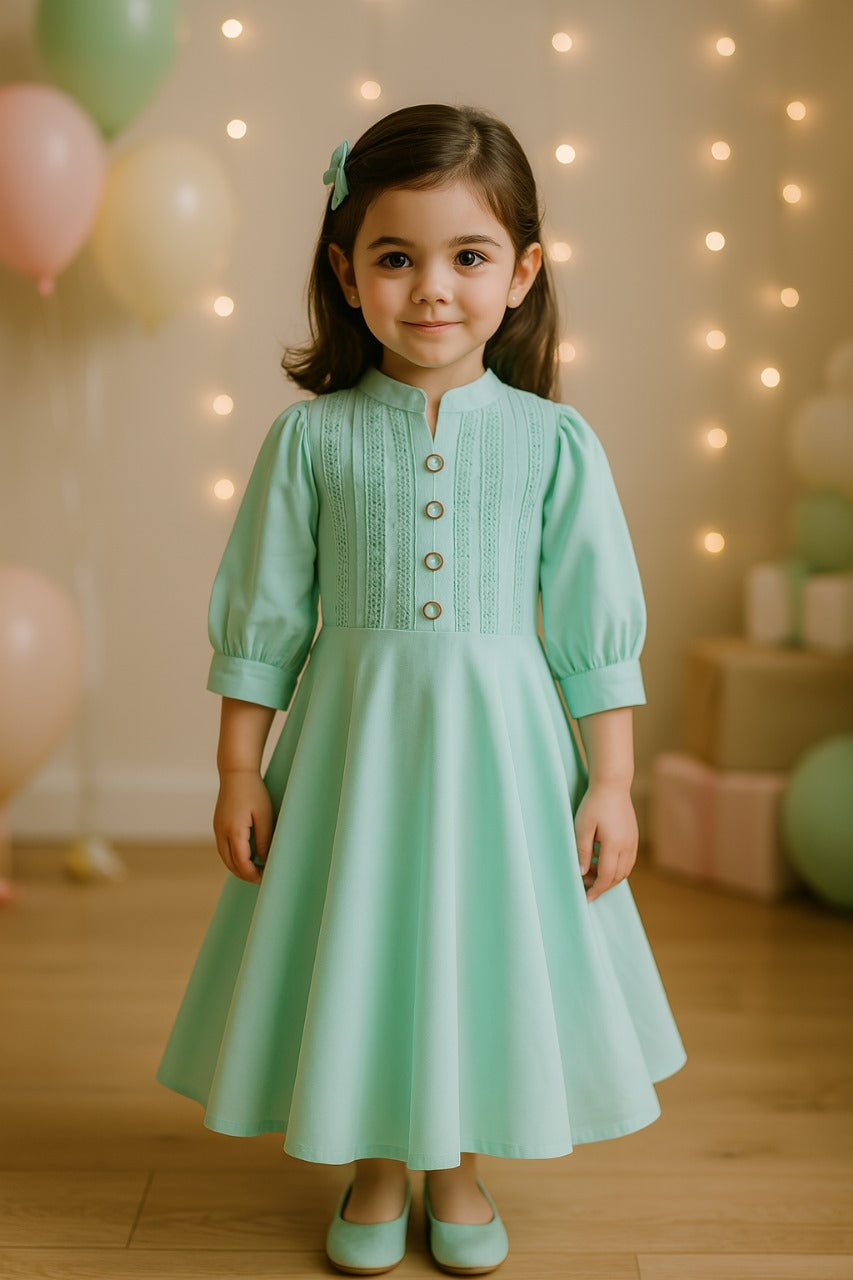 Girls Solid Fit and Flare Bell Sleeve Frock Dress
