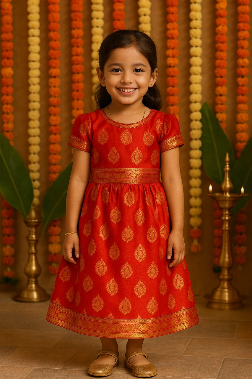 Girls Zari Woven Pattu Pavadai Choli Skirt Set