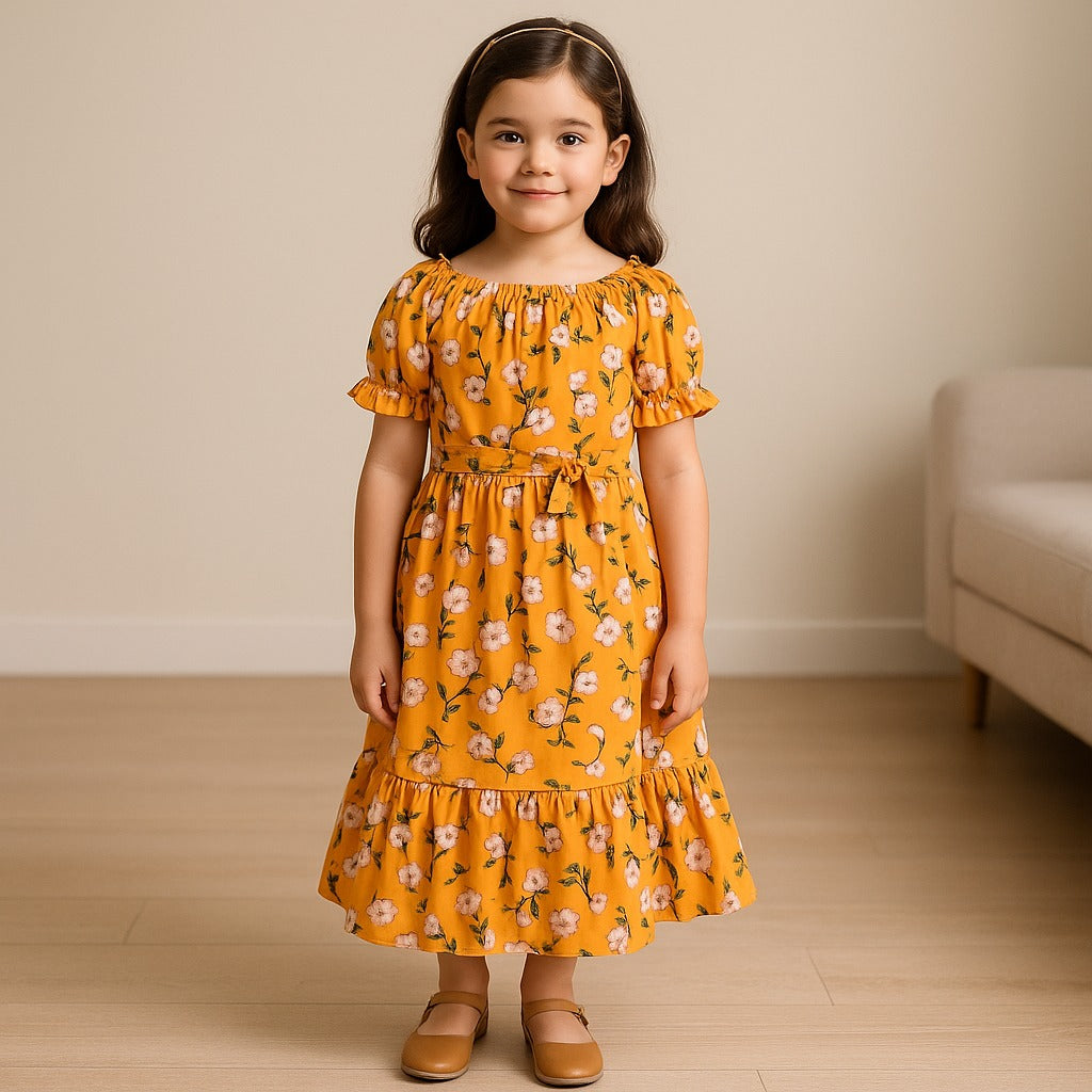 Girls Printed Summer Dress with Puff Sleeves & Gathered Neck