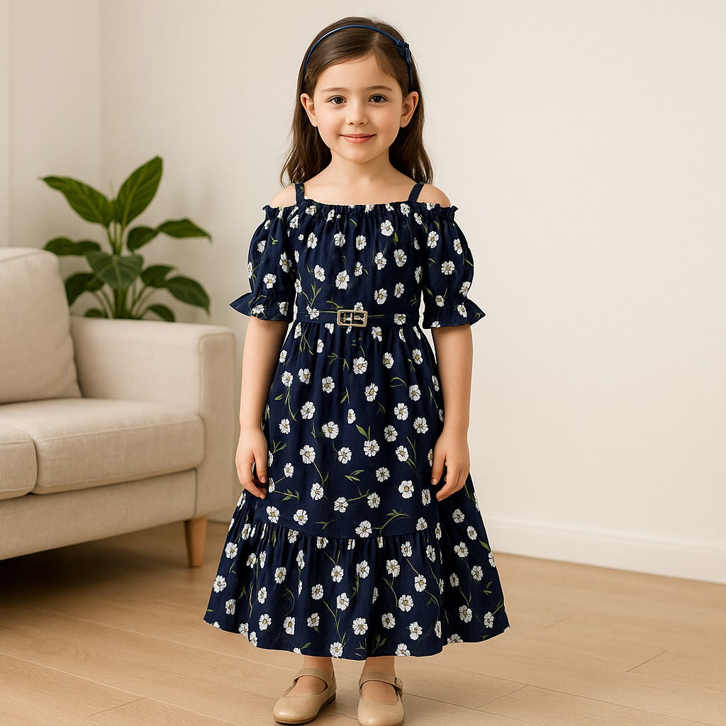 Girls Printed Summer Dress with Puff Sleeves & Gathered Neck