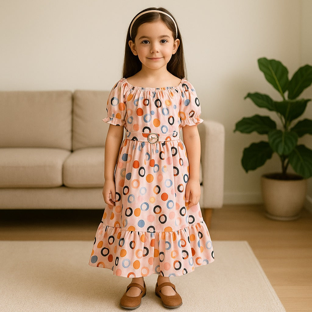 Girls Printed Summer Dress with Puff Sleeves & Gathered Neck