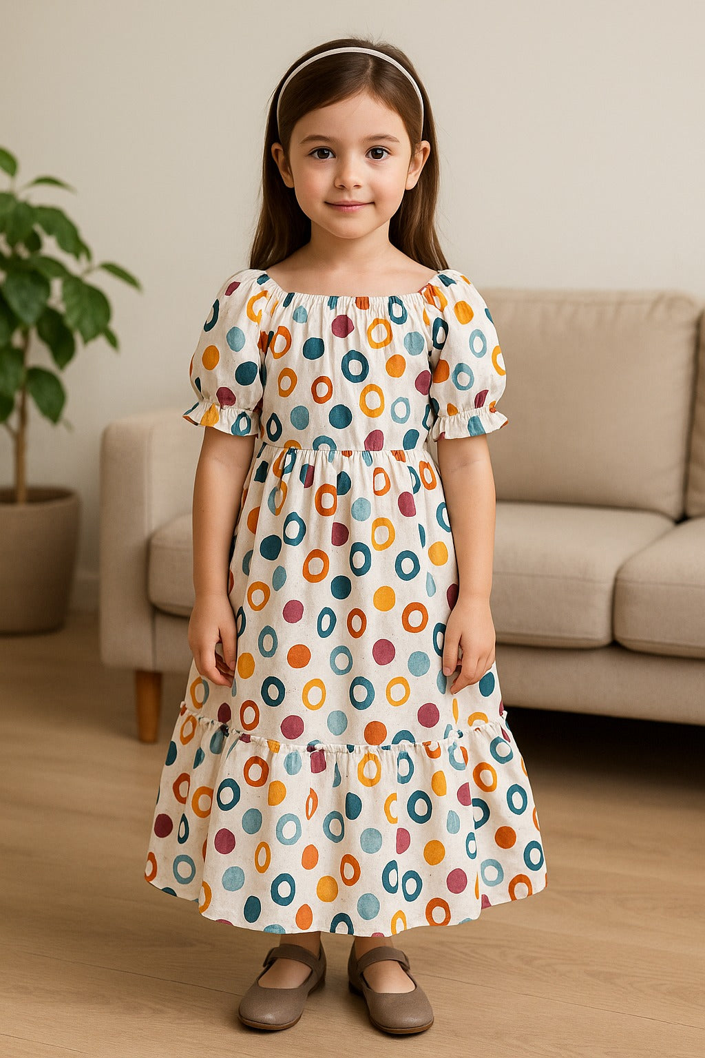Girls Printed Summer Dress with Puff Sleeves & Gathered Neck