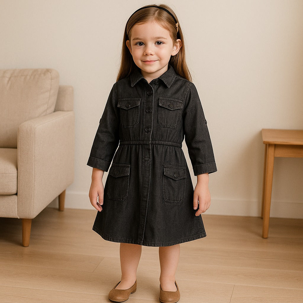 Girls Full Sleeve Solid Fit and Flare Frock Dress
