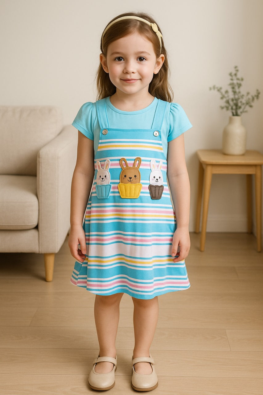 Girls Stripes Fit and Flare Cap Sleeve Frock Dress