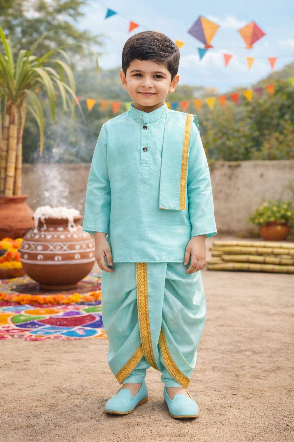 Boys Traditional Art Silk Kurta and Dhoti Set – Gold Detailing