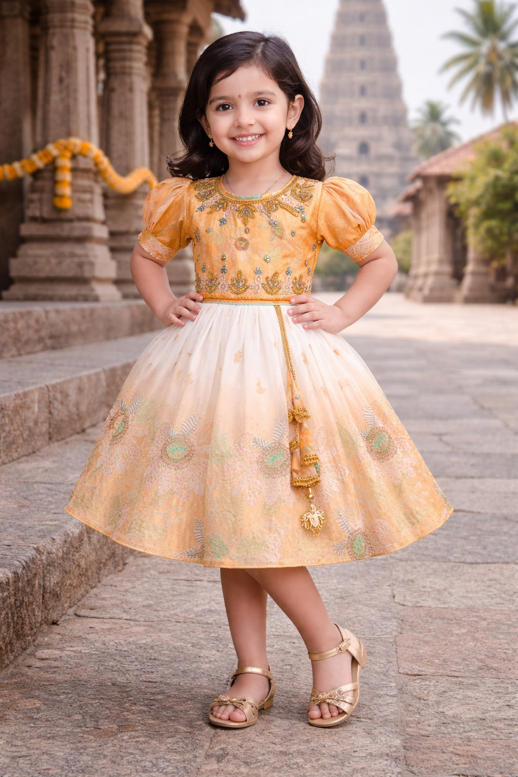 Girls Satin Party Wear Frock with Puff Sleeves & Floral Embroidery Knee Length