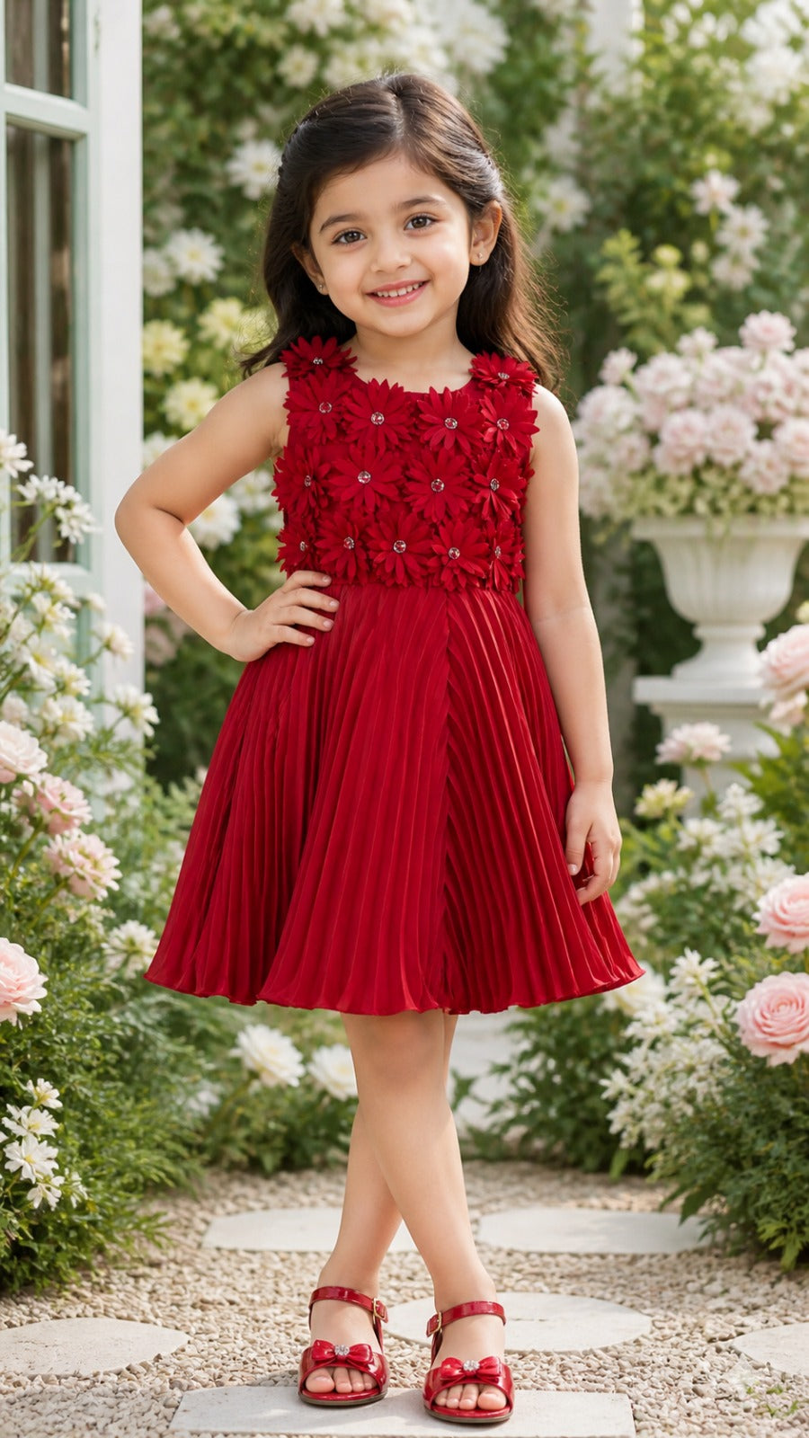 Elegant Red Floral Embellished Satin Party Dress for Girls