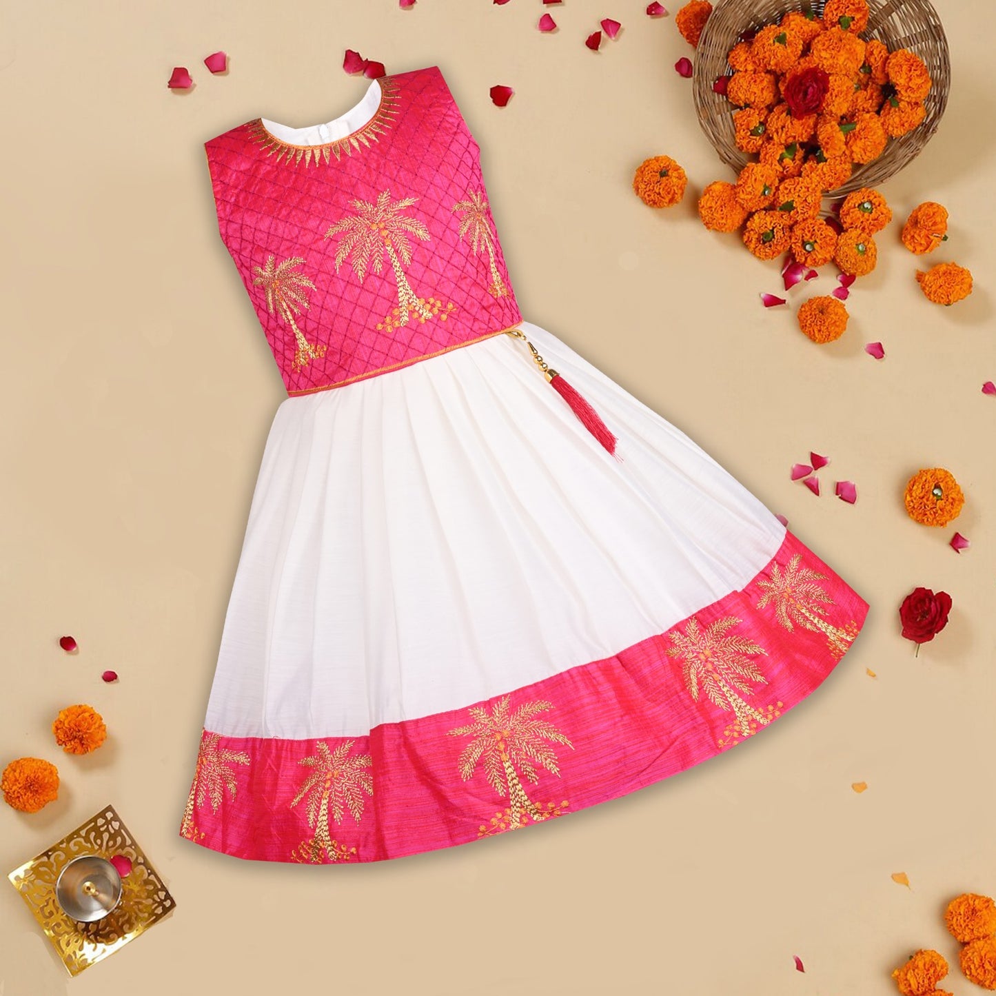 Baby Girls Silk Embroidered Ethnic Frock Dress - Onam Special