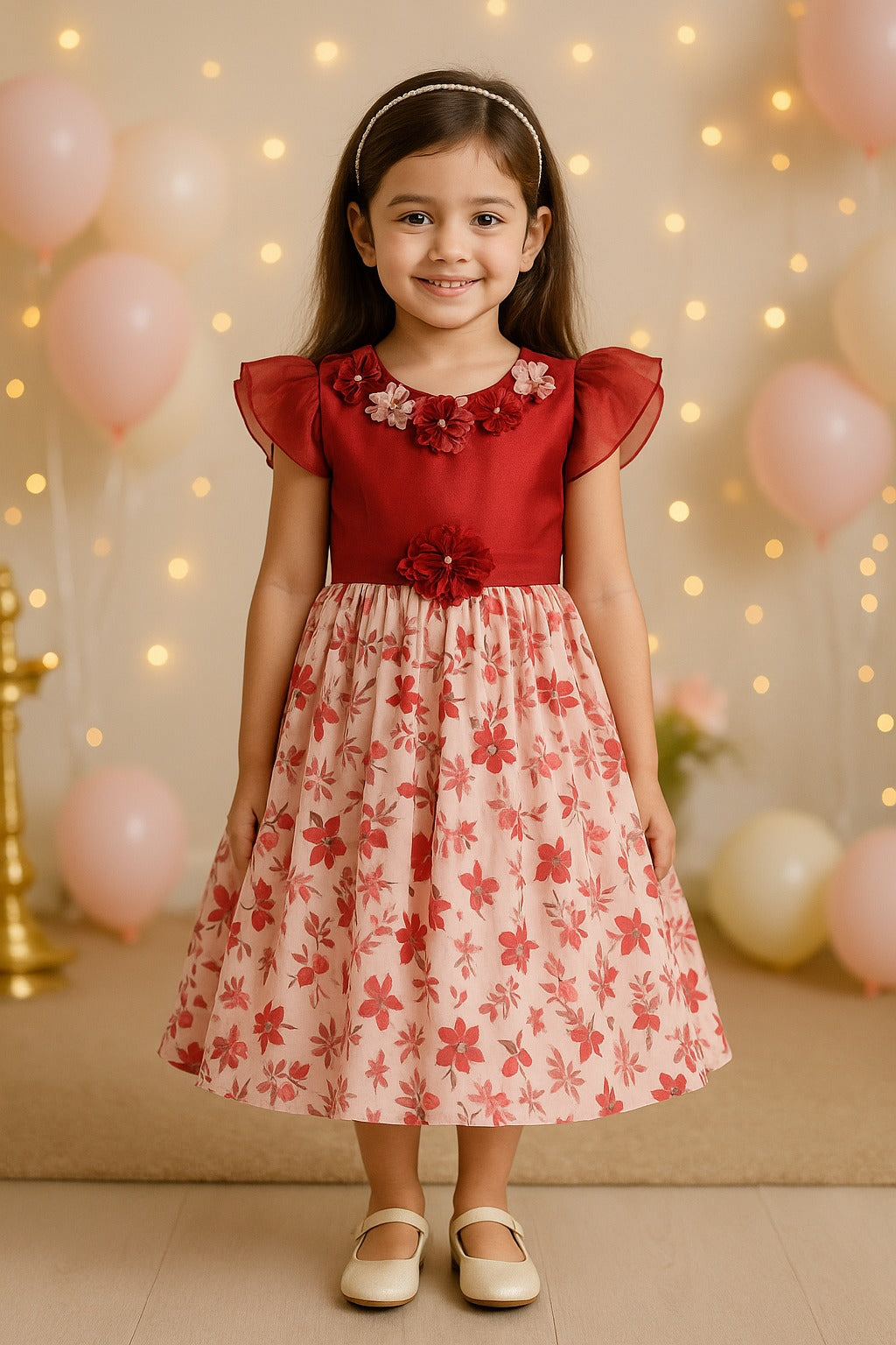 Girls Floral Embellished Printed Party Dress
