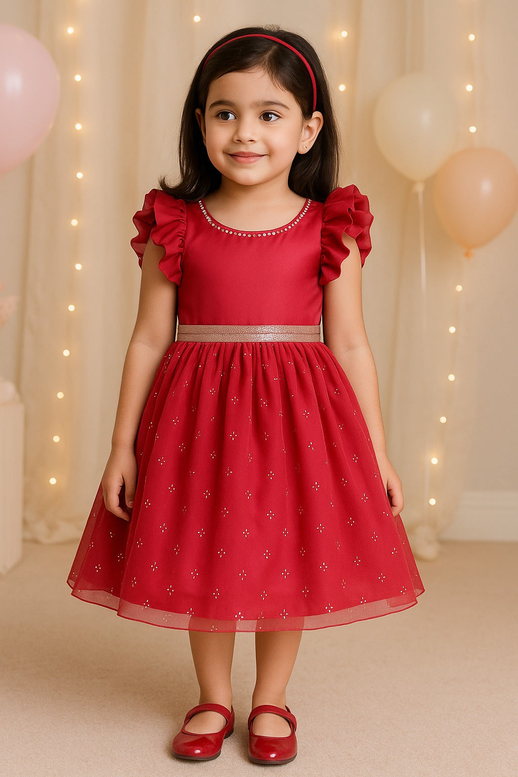 Girls Pearl Embellished Balloon Sleeve Party Dress