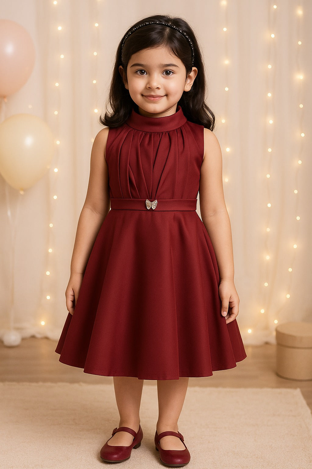 Girls Solid Pleated Fit and Flare Frock Dress