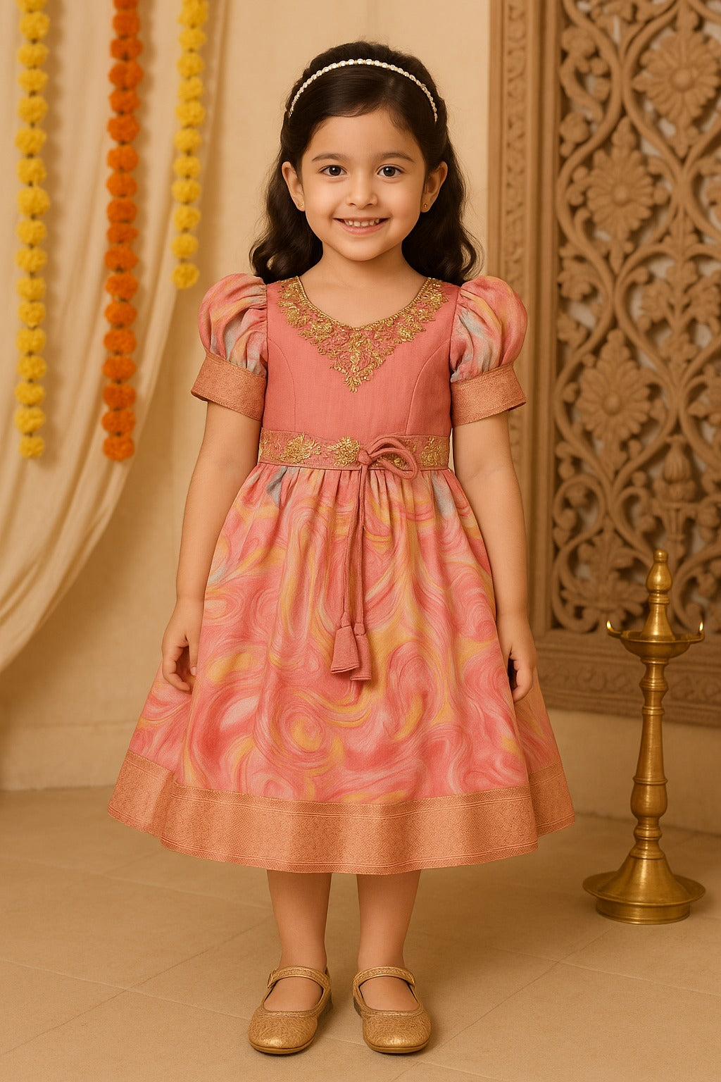 Girls Floral Bead Embellished Puff Sleeve Ethnic Dress