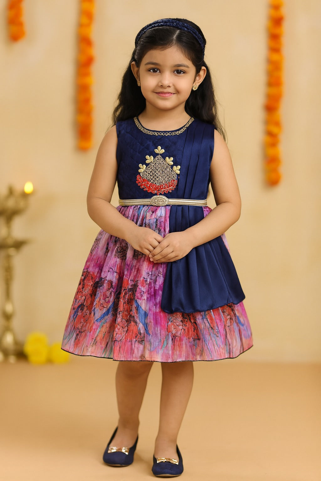 Girls Knee Length Satin Floral Print Dress
