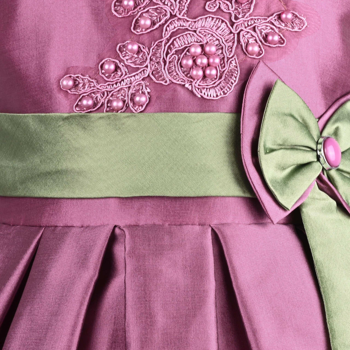 Girls Pleated Bow Pearl Embellished Party Dress
